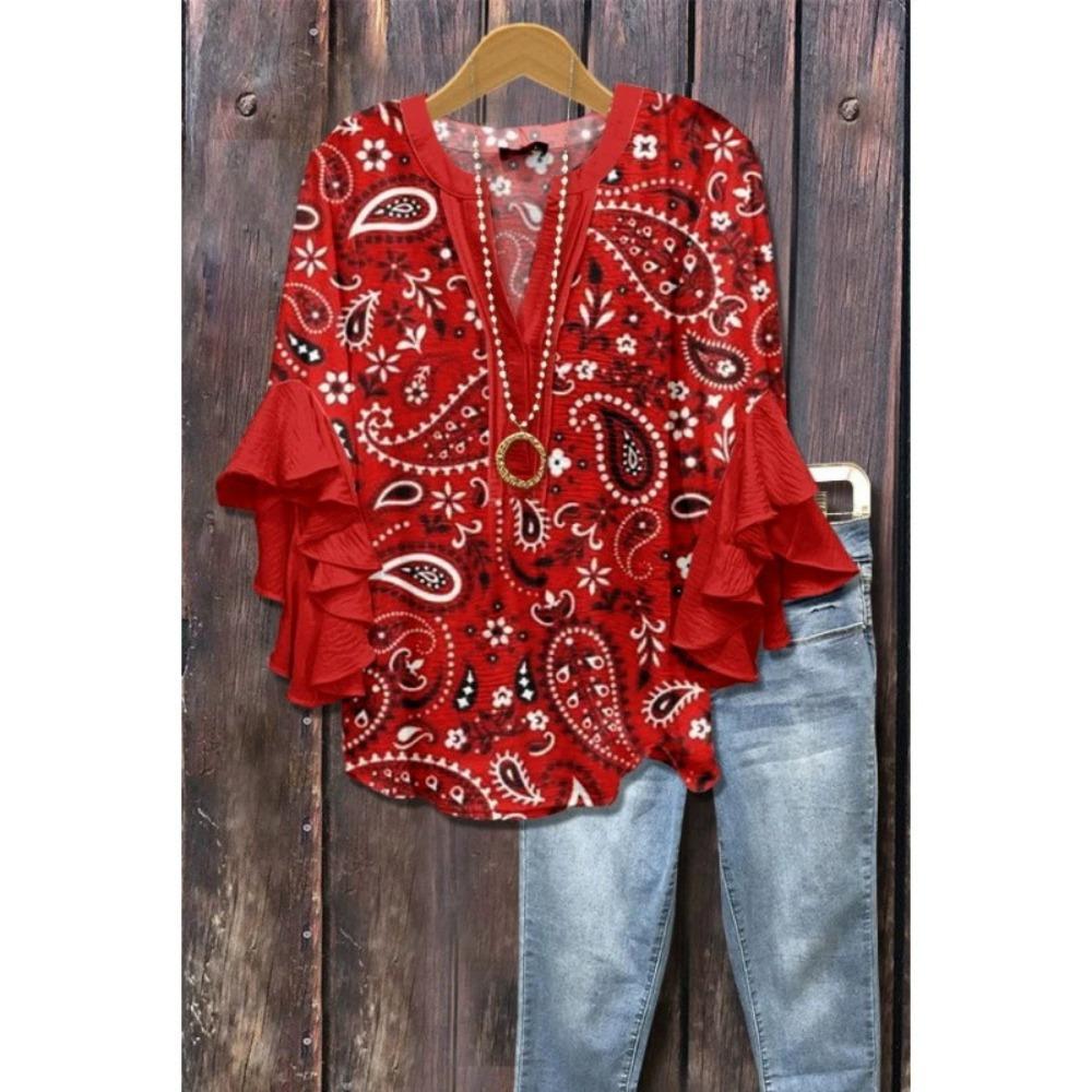 Large Women's Bohemian V-neck Shirt with Ruffle Sleeves, Grey Brown Floral Print Top, Casual Breathable Machine Washable Pullover