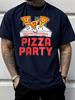 Cartoon Dancing Pizza Pieces And Pizza Party Text Front Print Unisexs Crew Neck Short Sleeve Tee Casual Daily Soft Basic Wear Top