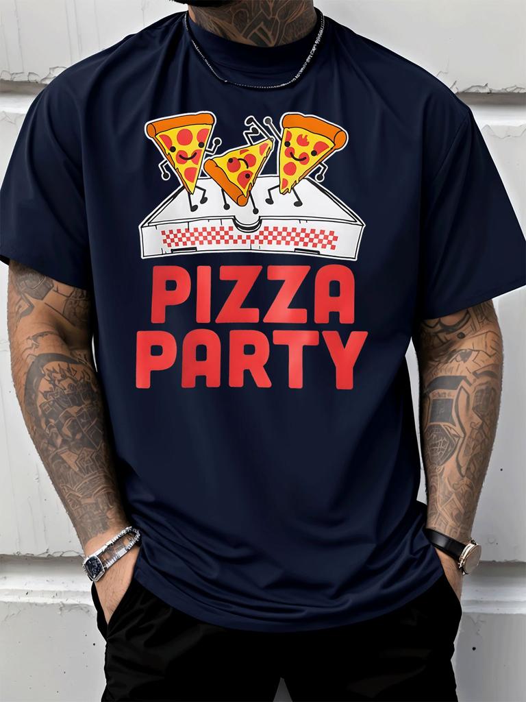 Cartoon Dancing Pizza Pieces And Pizza Party Text Front Print Unisexs Crew Neck Short Sleeve Tee Casual Daily Soft Basic Wear Top