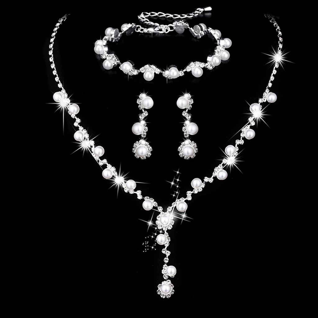 Set de 4 piezas de joyería para novia, collar de perlas y pedrería, pendientes, pulseras, accesorios para vestido de cena