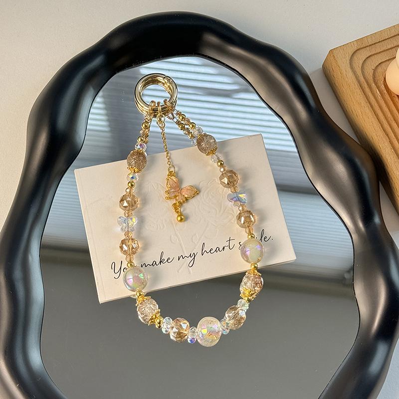 

Креативная цепочка для мобильного телефона с бусинами, универсальная цепочка для мобильного телефона, защищающая от потери, шнурок-бабочка, короткий ремешок для запястья, подарки розовый