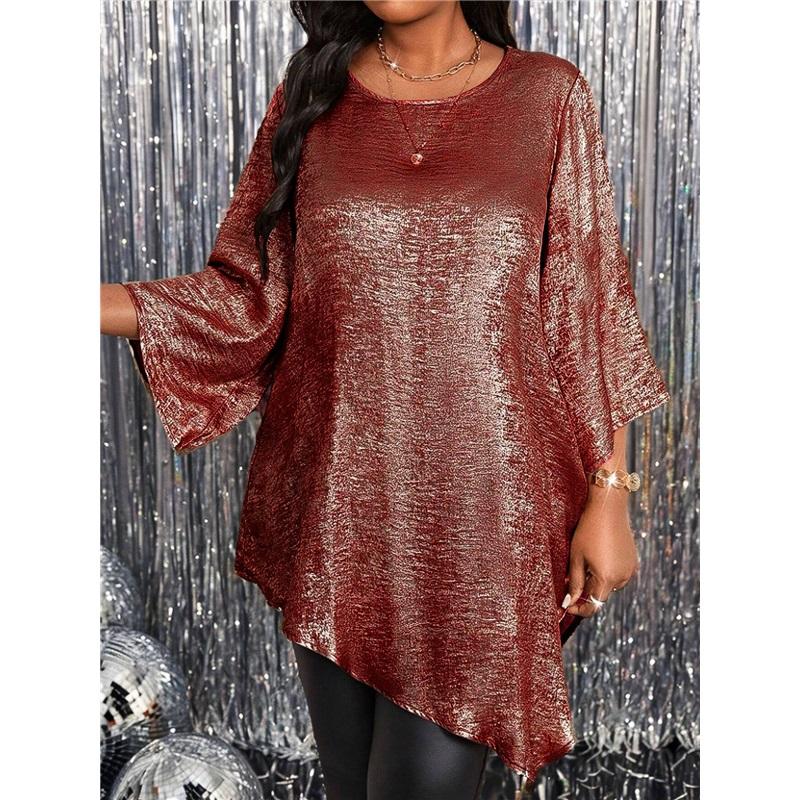 

Новая европейская и американская блузка большого размера свободного кроя с круглым вырезом и рукавом три четверти, с неровным подолом, женская одежда 5XL фуксия