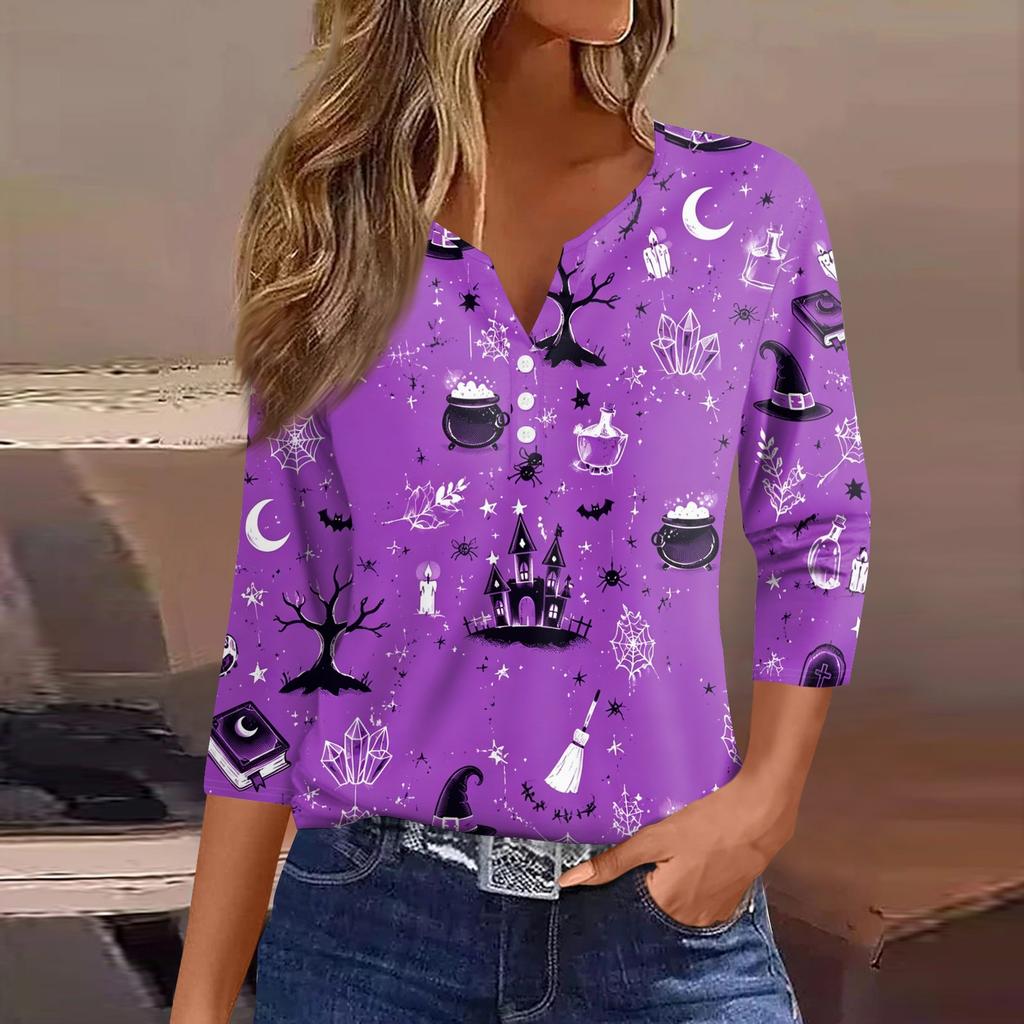 Women Casual Halloween Print V Neck 3/4 Sleeve Button Front Top Lightweight Soft Fabric Relaxed Fit Shirt
