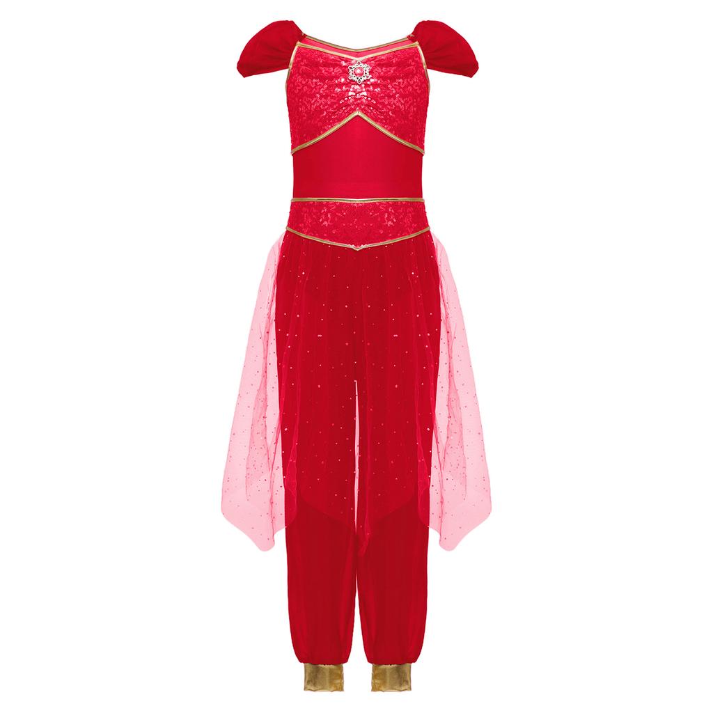 Girls Belly Dance Costume Arabian Princess Rompers Sequined Waist Tulle Overlay Jumpsuit Contrast Color Rhinestone Decor