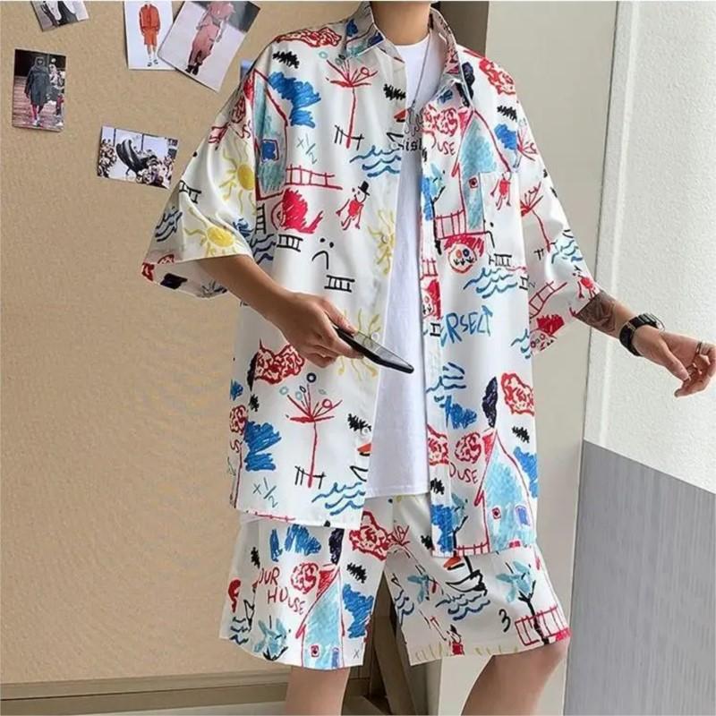 Summer Hawaiian Shirt Suit Loose Square Collar Short Sleeve Pocket Floral Shirts Shorts 2 Piece Set Vintage Hawaiian Beach Suits