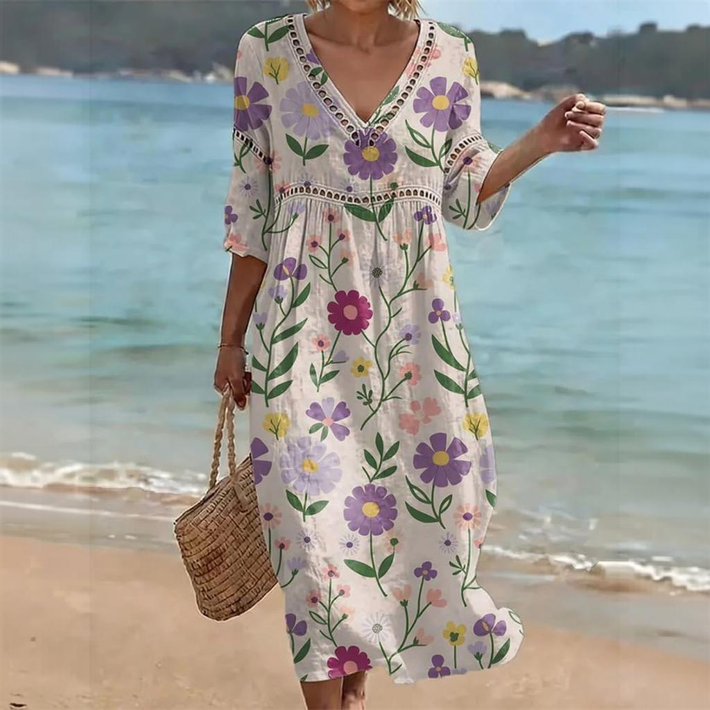 Women's V-Neck Midi Casual Dress with Printed Pattern for Beach Summer Vacation