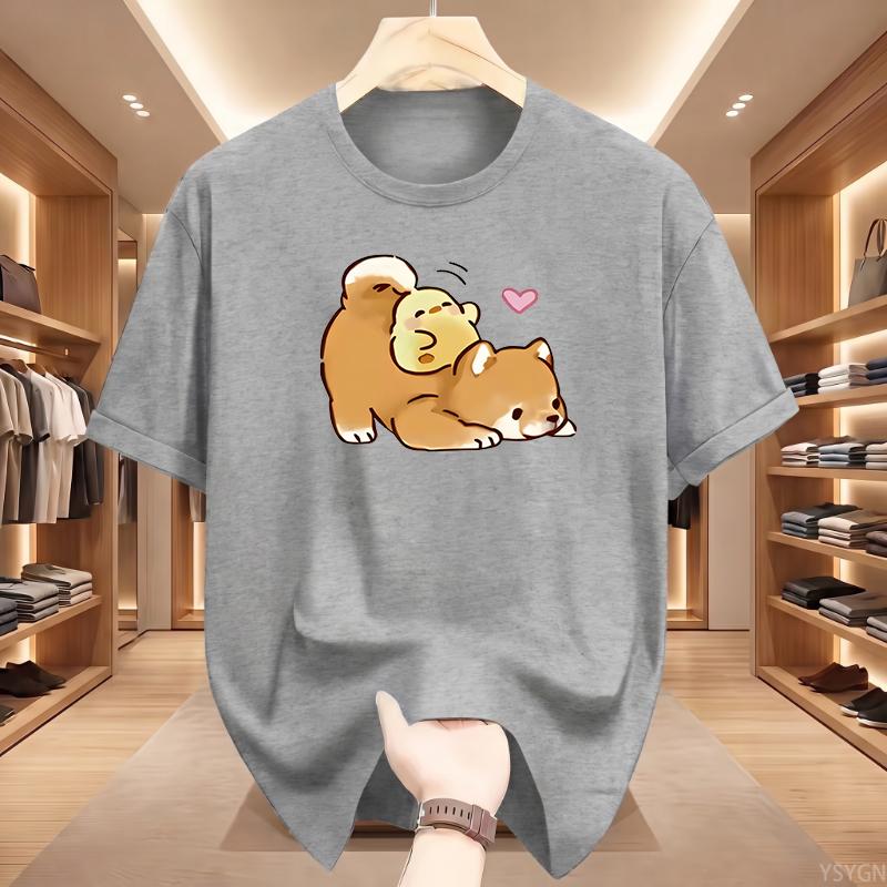 Kawaii Shiba Inu and Chick Graphic T Shirt Cute Cartoon Dog Print Summer Short Sleeve Loose Top Tee for Women