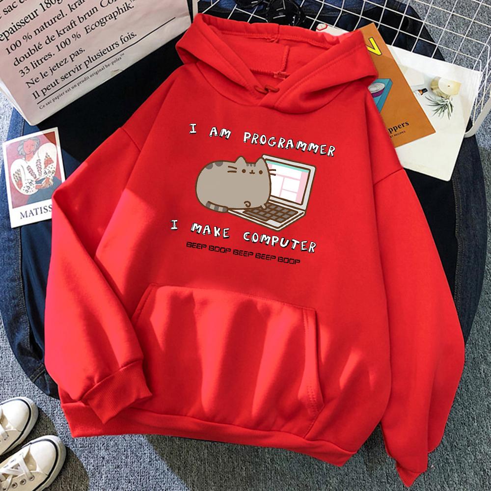 I Am Programmer I Make Computer Funny Cat Womens Hoody Pocket O-Neck Pullovers Casual Fashion Soft Hoody Harajuku Loose Clothes
