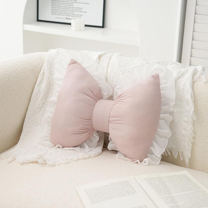 Pink Bow Ribbon Couch Pillow Imitation Rabbit Fur Comfortable Car Seat Cushion Ins Style Simple Back Cushion