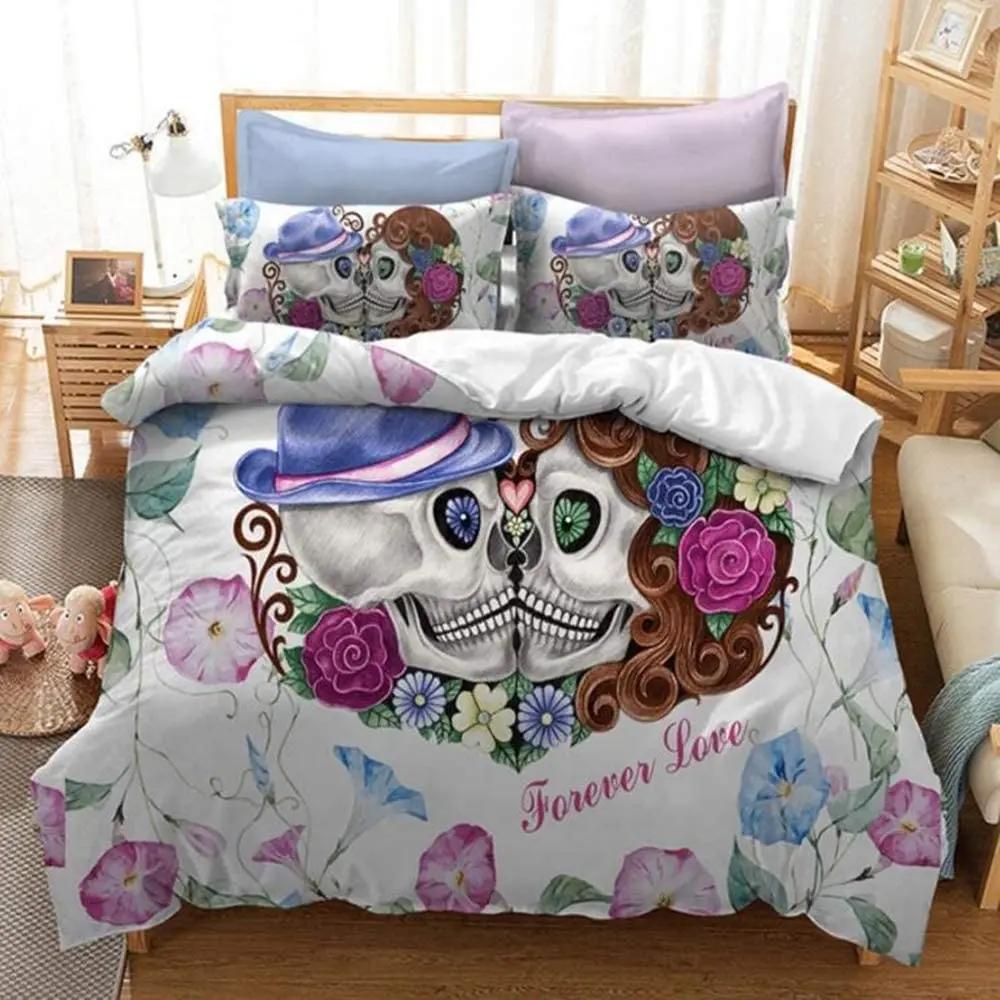 Sugar Skull Duvet Cover Set,3D Printed Gothic Skull Bedding Set,Soft  Comforter Cover with Zipper Closure and 2 Pillow Shams