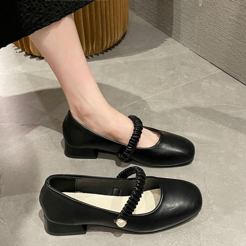Large Size Shallow Mouth Single Shoes Women'S Spring Square Head Flat Bottom Word With Thick Heel Women'S Shoes Mary Jane Small Leather Shoes
