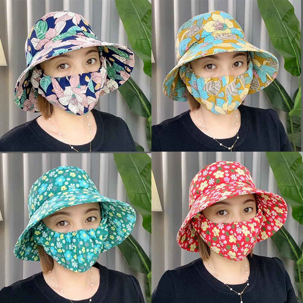 Women Anti-UV Sun Hat Beach Foldable Sunscreen Floral Print Caps Neck Face Care Wide Brim Hat New Summer Outdoor Riding