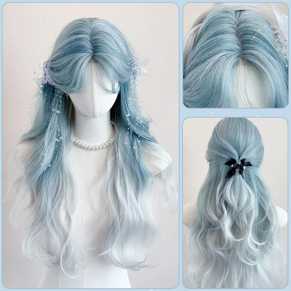 WTB Perucă sintetică feminină Glacier Blue Gradient Gri deschis Păr lung Lolita țesut manual din dantelă lână păr lung creț Cos Party Perucă