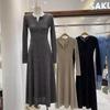 Women's Slim Fit French-Style Knit Dress - Waist-Hugging, Half-Open Collar, Solid Color, Autumn/Winter.