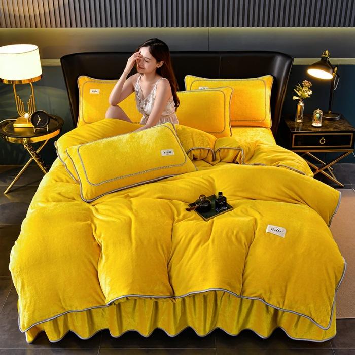 Solid color milk fleece four-piece set, winter thickened warm student dormitory bed sheet four-piece set