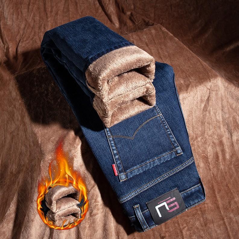 Jeans high-end pants autumn and winter elastic fleece straight-leg pants