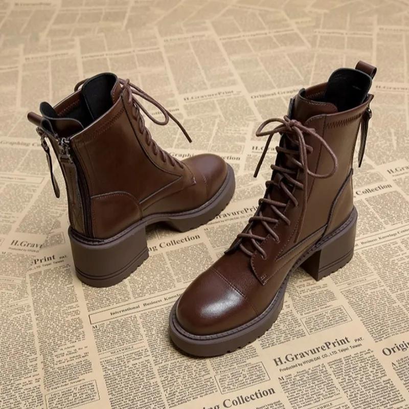 Women's Boots High Quality Casual Leather Boots Classic Lace-up Ankle Boot 6cm Thick Heel Platform Boots for Women Botas Mujer