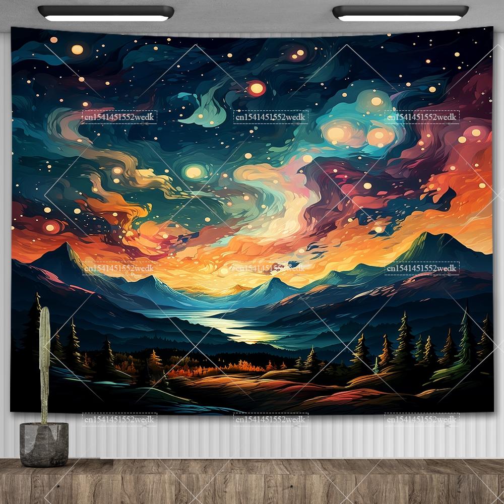 Starry Night Sky Tapestry Mountain Sunset Wall Hanging Tapestry Aesthetic Room Decor Landscape Tapestries Background Cloths