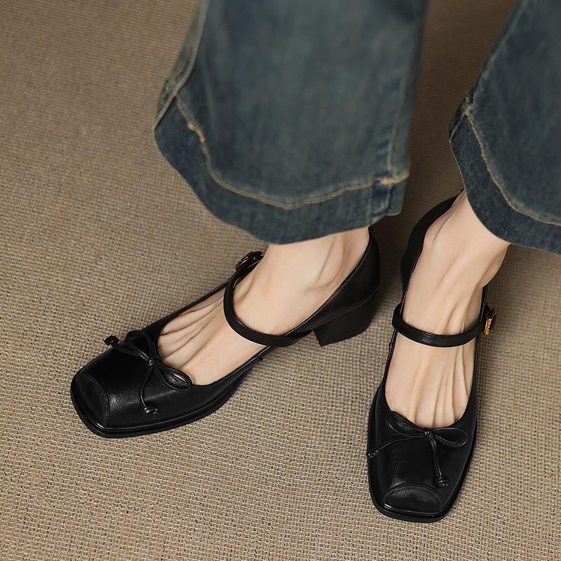 Fashion Butterfly-knot Elegant Shallow Mouth Women Pumps 2025 Mary Jane Fashion Square Toe Metal Buckle Thick Heel Dress Ladies Footwear
