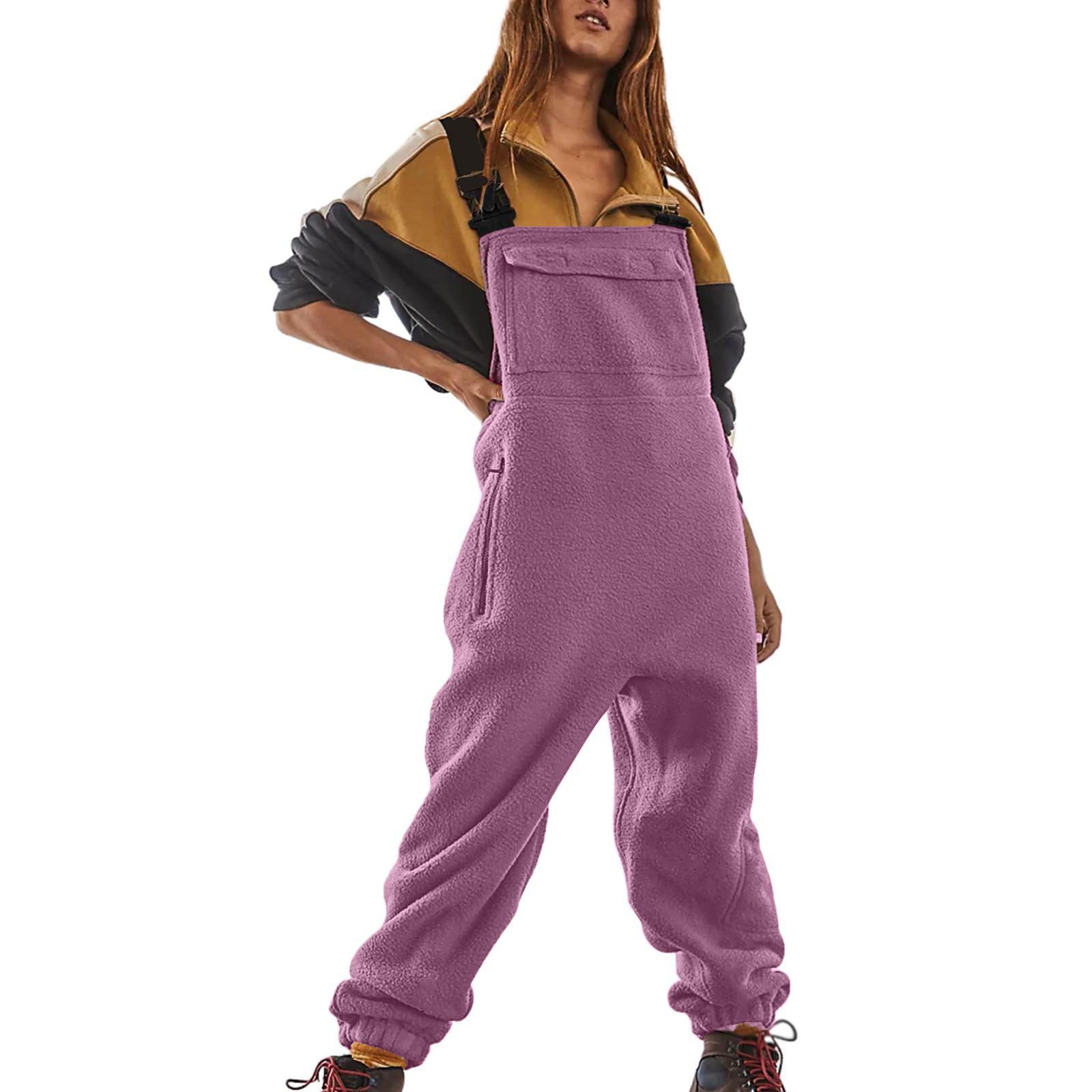 Damen Fleece-Overalls Einteiliger Overall Verstellbare Hosenträgergurte Warme, flauschige Winter-Skihose XXL violett