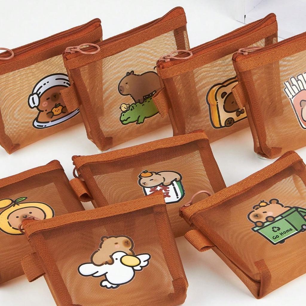 Mini Capybara Mesh Pencil Storage Bag Portable Transparent Pouch for Pens Erasers Cartoon Design Simple Pocket Organizer A7777