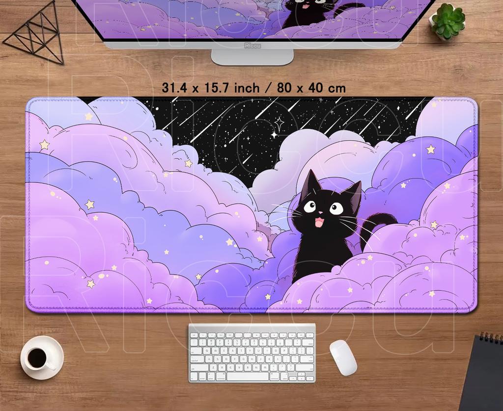 Cute Black Cats Mouse Pad Cartoon Art Design Gaming Accessories Purple Clouds Mouse Mat Gamer HD Printing Computer Desk Mousepad