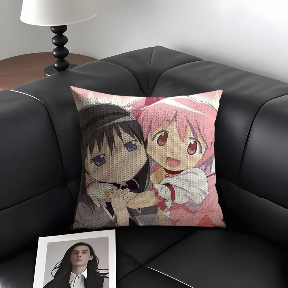 M-Madoka Magicaa Cute Cushion Cover Natural Linen Organic Fabric Double-Sided Printing Sofa Home Decor Gift Pillow Case
