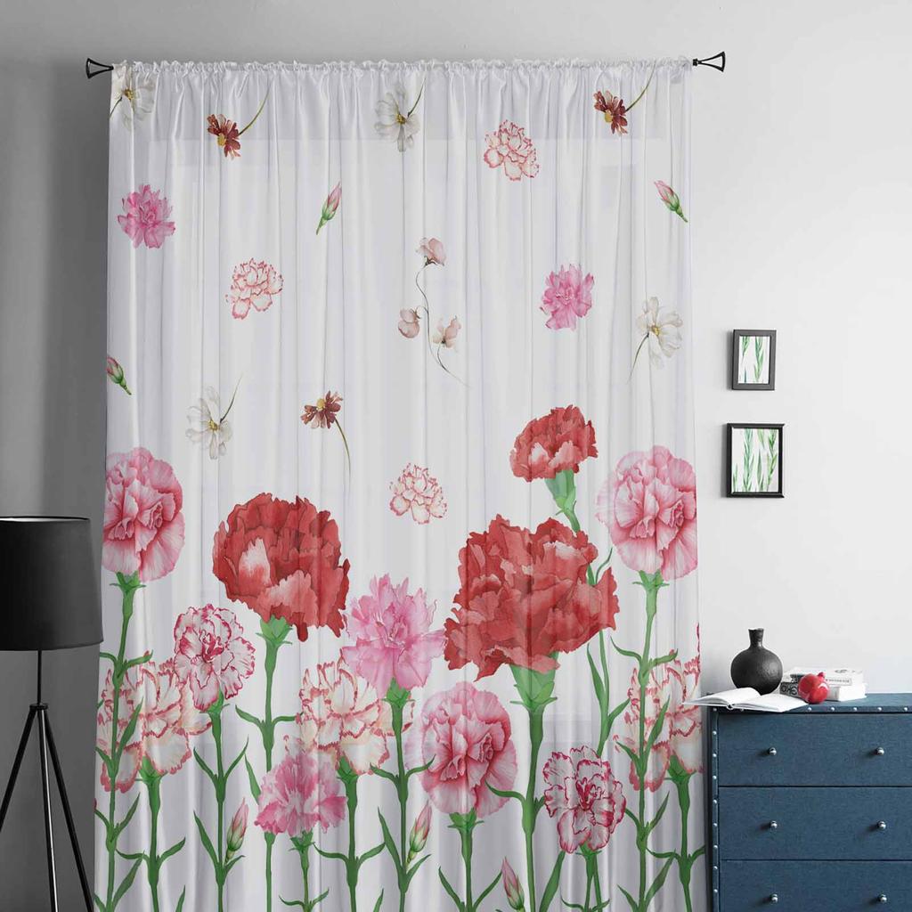 Watercolor Flowers Pink Red Carnations Mother'S Day Tulle Window Curtain for Bedroom Luxury Drapes In Living Room Chiffon Panels