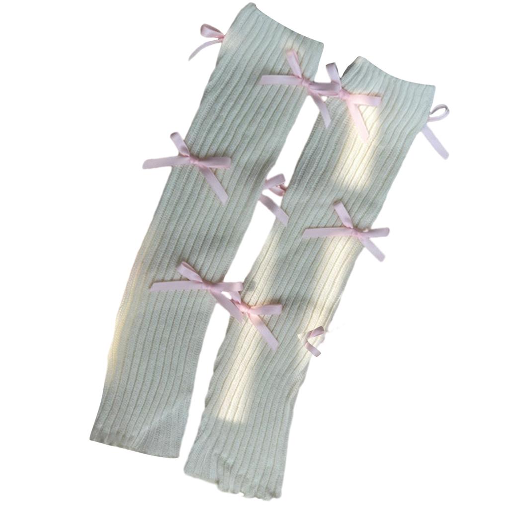 Japanese Ballet Style JK Girl Women Ribbed Knit Leg Warmer Sweet Small Bow Lettuce Hem Boot Cuffs Leg Cover Long Socks