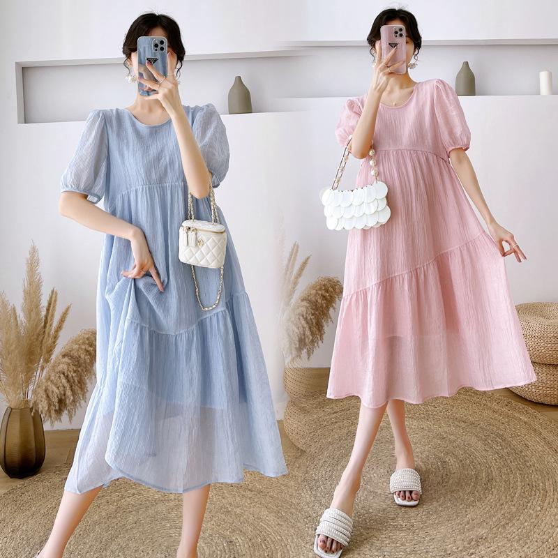 2026 Summer Korean-Style Puff Sleeve Maternity Dress, Age-Reducing, Loose Fit, Round Neck Extra Large
