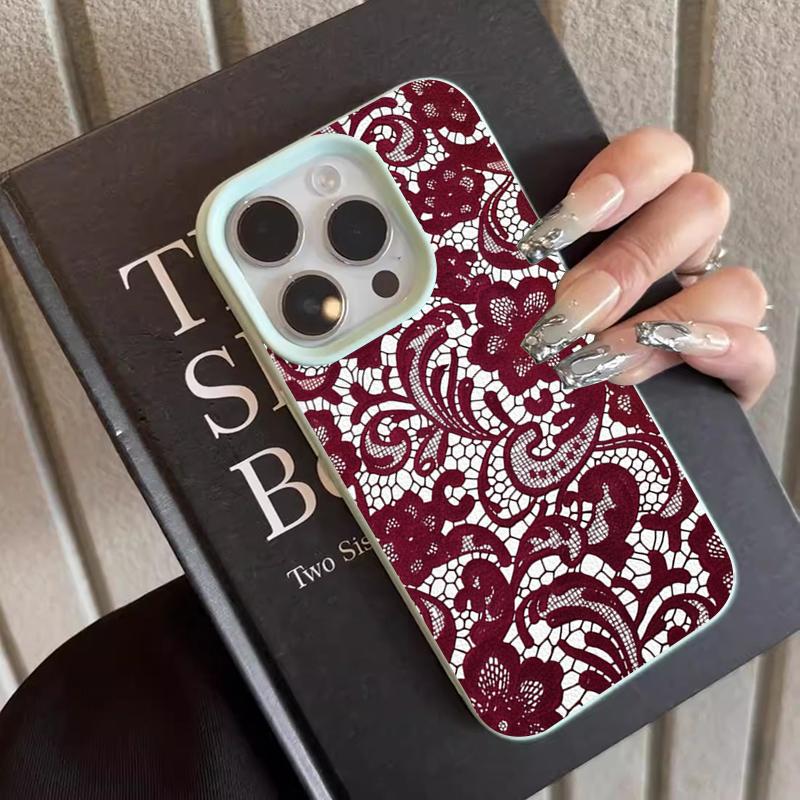 Red Lace Floral Pattern Phone Case For iPhone 17 16 15 14 Plus 13 12 11 Pro MAX Air 16E Screen Protector Casing Shockproof Cover