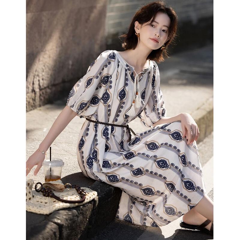 Demana Women s Ethnic Print V-Neck Tassel Tie Shirt Dress S