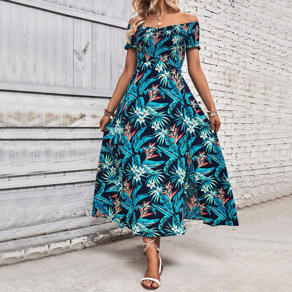 Amazon independent station foreign trade summer new cross-border women's clothing European and American off-the-shoulder printed dress long dress