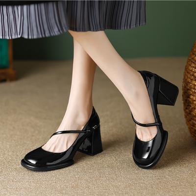 Fashion New Women Mary Janes Shoes Vintage Pumps Patent Leather Shoes High Heels Dress Shoes Black Shallow Boat Shoe Zapatos Mujer