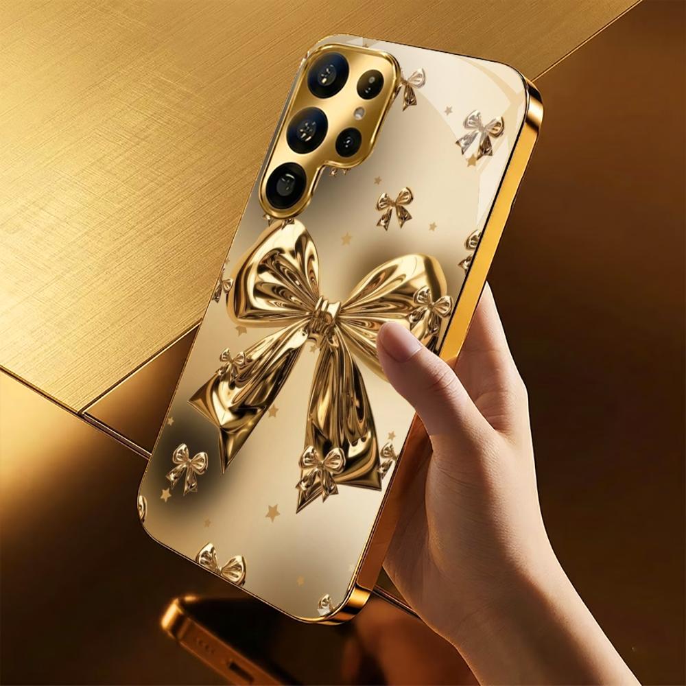 Exquisite Golden Bow Tie Phone Case S26 Ultra Case S25 Ultra Case Glass for Samsung Galaxy S26 S25 S24 S23 S22 FE Ultra Plus
