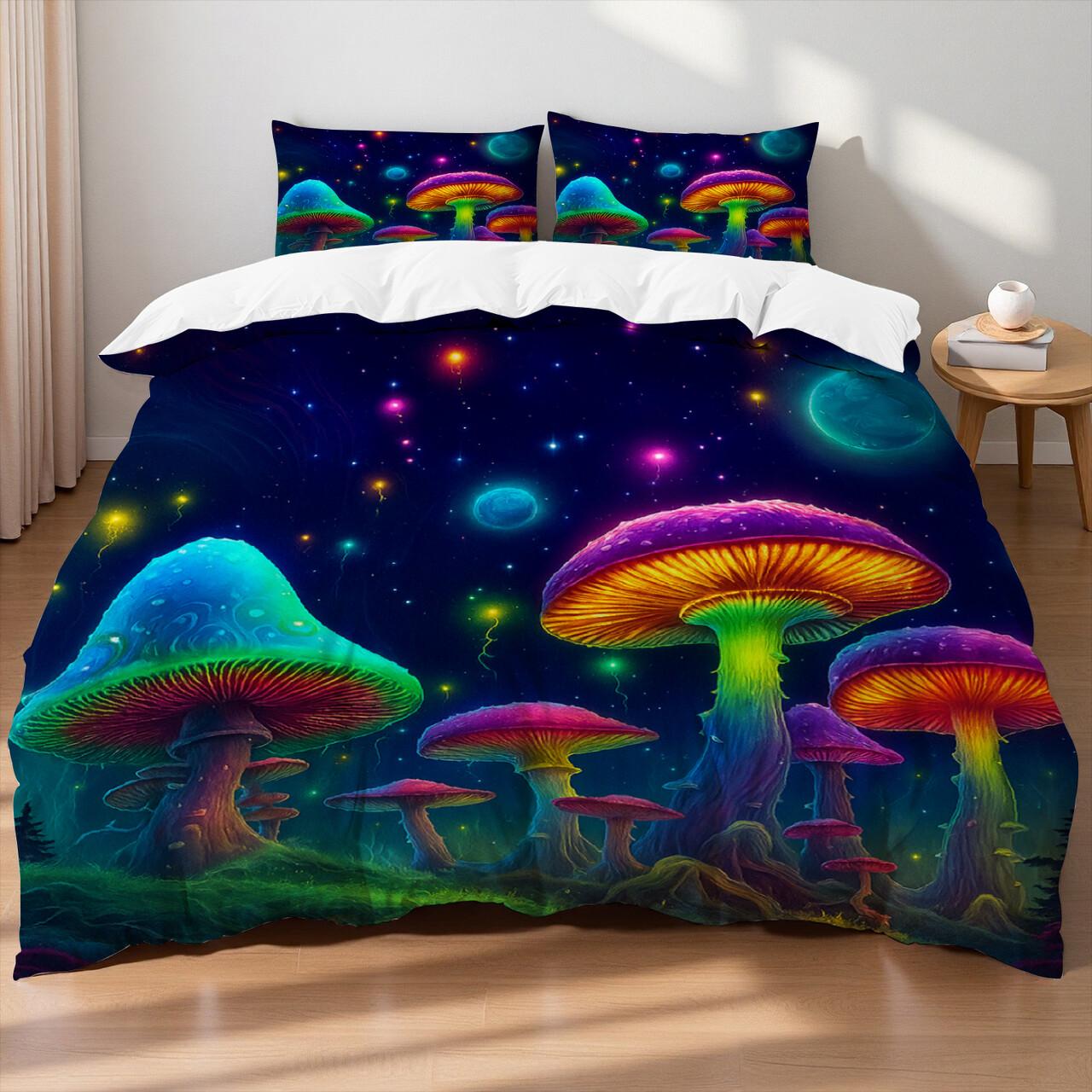 

Mushroom Theme Bedding Set Colorful Mushrooms Leaves Butterflies Natural Style Queen Duvet Cover Sheet Pillowcases Home Textile US Full200x229cm