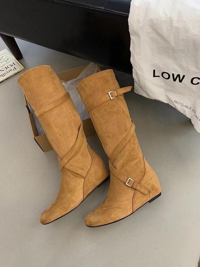 Small Inner Height Increase Belt Buckle Suede Western Cowboy Boots Women's Round Head Cover Boots Inner Height Increase But Knee Boots