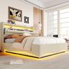 Upholstered Bed, 140 x 200 cm, without Mattress, LED Lighting, Hydraulic Mechanism, USB and Type-C Ports, Storage Compartment, Linen Fabric, Beige