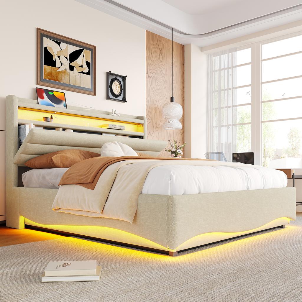 Upholstered Bed, 140 x 200 cm, without Mattress, LED Lighting, Hydraulic Mechanism, USB and Type-C Ports, Storage Compartment, Linen Fabric, Beige