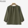 ZANZEA Women Casual Round Neckline Pleated Lantern Sleeves Split Hem Blouses