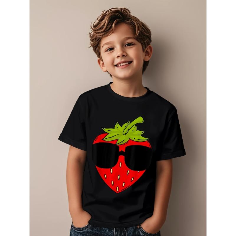 Children Crew Neck Short Sleeve T-Shirt with Artistic Strawberry Print