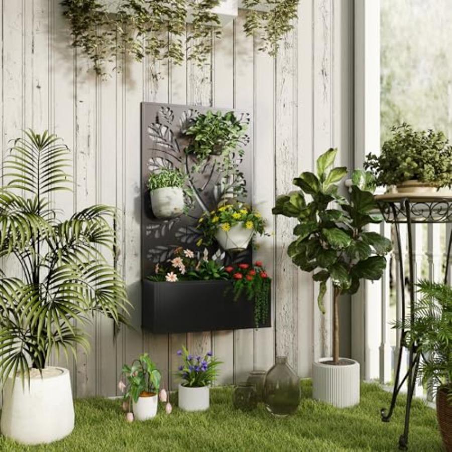 Metal Raised Garden Bed with Trellis for Climbing Plants Freestanding or Wall Mounted Flower Bed with Privacy Panel Twigs and L
