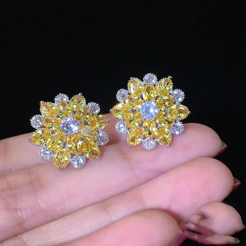 Cute Big AAAAA Bling Cubic Zirconia 925 Silver Needle Stud Earrings Fashionable Flower Earring for Women Jewelry Gift Brincos
