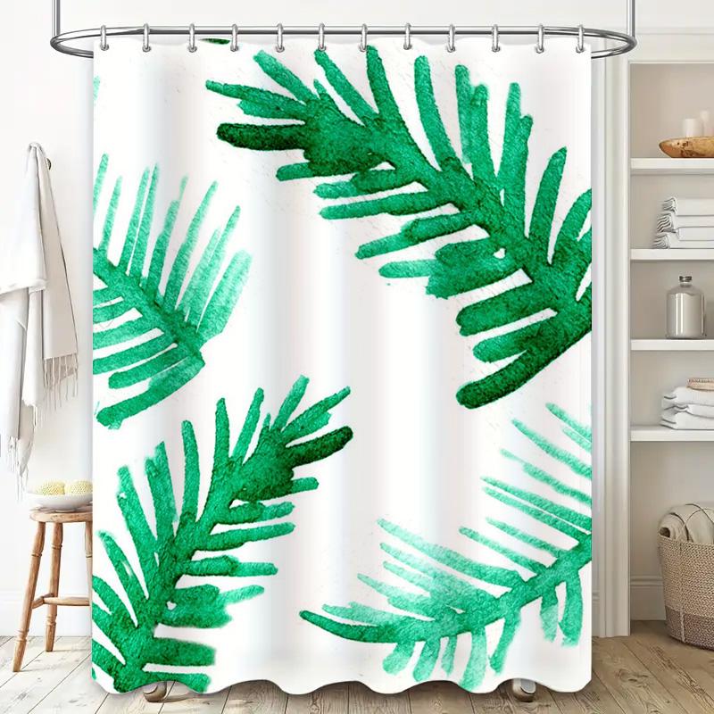 Stylish Green Palm Leaf Shower Curtain Waterproof Bathroom Decor White Polyester Fabric Watercolor Design for Home Bathrooms Spa