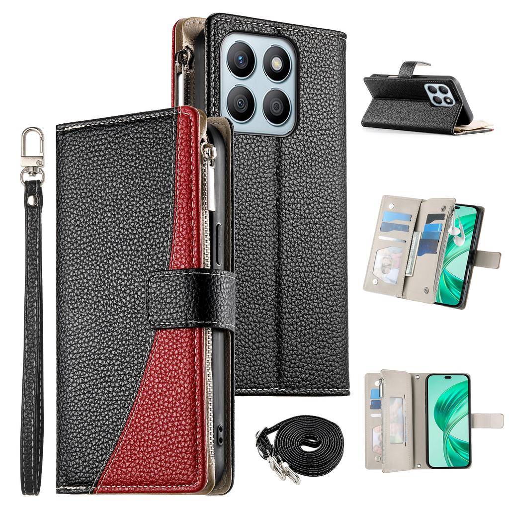 For Honor X8b 4G Case Zipper Wallet Color Splicing Leather Flip Phone Cover with Straps