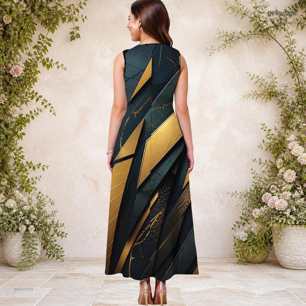 Women Plus Size Keyhole Neck Sleeveless Printed A Line Long Dress Dark Green And Gold