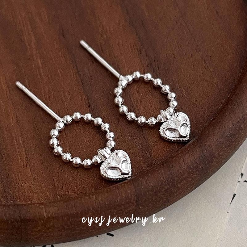 Cui Yan Shi Jie S925 Sterling Silver Heart-Shaped Korean Style Textured Beaded Stud Earrings for Women - 2025