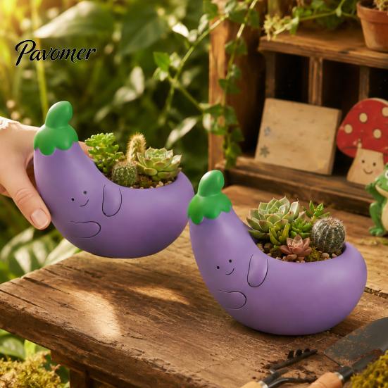 Mini Indoor Plant Pot Cute Eggplant Planter, Resin Small Flower Pot, Funny Purple Vegetable Desktop Decorative Ornament Shape Cactus Container