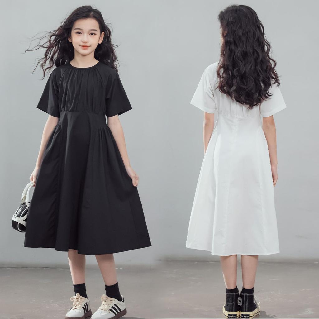 Girls' Fashion Short-Sleeve Shirt Dress Summer Children's Elegant Waist-Cinched Dress