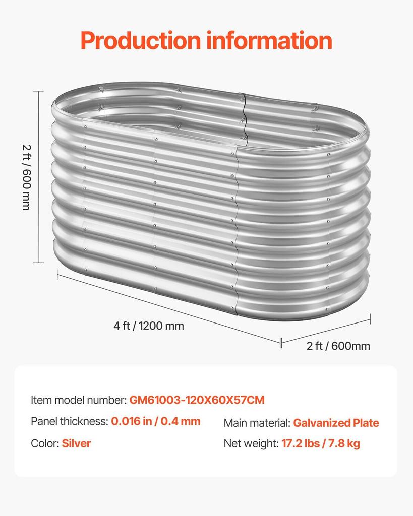 Metal Raised Garden Bed, 1.2 X 0.6 X 0.6 M Oval Outdoor Galvanized Planter Garden Box, Open Bottom Design, Large Planter Raised Bed for Growing